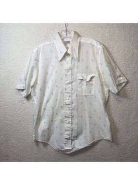 Vintage 60's 70s Van Dyke Mens Medium Fish Print Button Shirt Dagger Collar READ